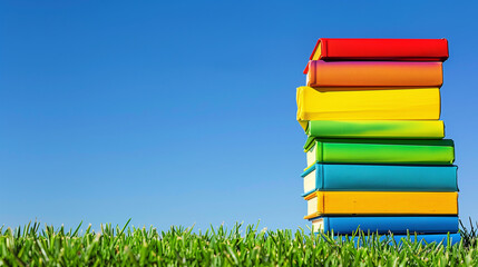 Wall Mural - A stack of books with a blue book on the bottom, a pink book on the second from the bottom, and a yellow book on the third from the bottom. The books are piled on top of each other in a grassy field
