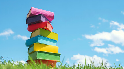 Wall Mural - A stack of books with a blue book on the bottom, a pink book on the second from the bottom, and a yellow book on the third from the bottom. The books are piled on top of each other in a grassy field