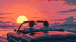 Illustration of a couple in a convertible car admiring a stunning sunset over a tranquil sea, evoking a sense of freedom and romance.
