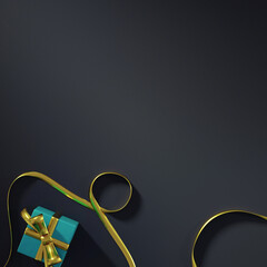 Wall Mural - Gift box and gold ribbon on black background for social media post, story, campaign, product promo, poster, flyer etc. 3d isolated top view luxury layout design