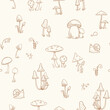 Cute seamless pattern with digital hand drawn abstract forest mushrooms flowers and snails. Kids wallpapers. Nice mushroom pattern.