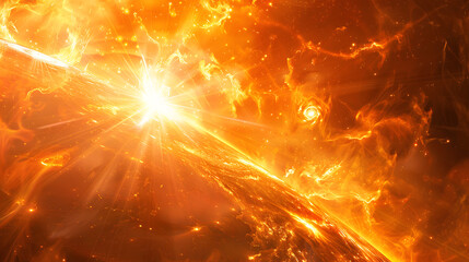 a bright orange planet with a sun shining on it. the sun is the center of the image and it is surrou
