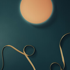 Wall Mural - gold ribbons and circle podium on dark green background for social media post, story, campaign, product promo, poster, flyer etc. 3d isolated top view luxury layout design