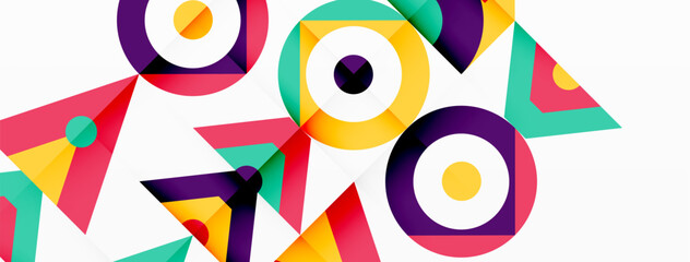 Poster - A vibrant composition of colorful circles and triangles with magenta accents on a white background, showcasing a creative arts pattern with a closeup on design elements