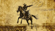 A faded poster advertising a wild west roper in midair rope circling a bucking horse against a rustic background. .