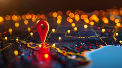 Wall Mural - Navigational Search Engine Optimization Maps Red Marker On City Lights Background Bokeh (Generative AI)