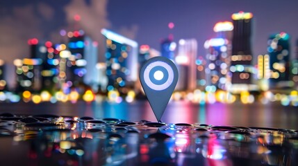 Canvas Print - Navigational Search Engine Optimization Maps Blue Target Marker On City Lights Background (Generative AI)