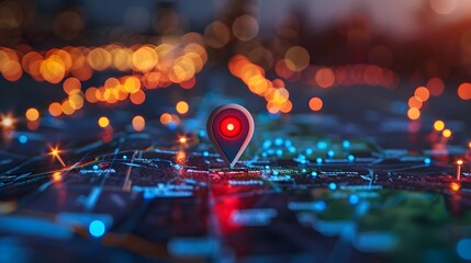 Wall Mural - Navigational Search Engine Optimization Maps Red Marker On City Lights Background Bokeh (Generative AI)