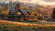 The warm glow of sunlight bathes a craftsman house in serene landscape, with rolling hills towering trees providing a breathtaking backdrop, all depicted with remarkable clarity in ultra HD resolution