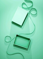 Wall Mural - gift box with ribbon on green background for social media post, story, campaign, product promo, poster, flyer etc. 3d isolated top view luxury layout design