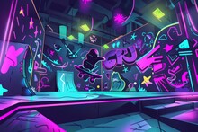 Cartoon Cute Doodles Of Characters Skateboarding Through A Neon-lit Skate Park, Performing Cool Tricks Under The Colorful Lights, Generative AI