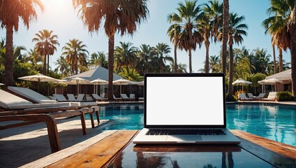 Laptop with a blank white screen mock up on table in tropical hotel with palm trees on swimming pool on trip. Remote work on vacation and travel, home office, internet, tours, resort