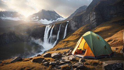 Wall Mural - Hiking tent and backpack In mountains in morning with rays of sun with a mountain river and a waterfall. Travel, trekking tour to wild, exotic places, tourism, outdoor activities.