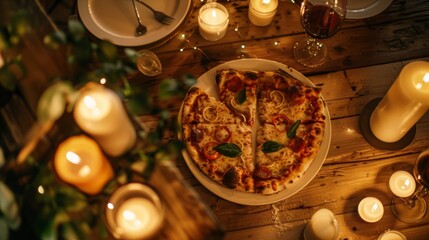 A cozy date night setting with candles and a heart-shaped pizza on a wooden table