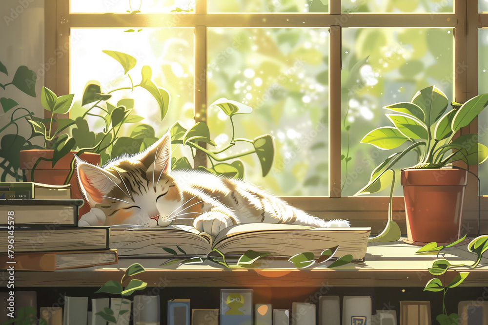 Sleeping cute cat in the cozy interior, generative background ai Stock ...