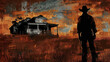A painting of a rugged cowboy silhouetted against a dilapidated mansion symbolizing the fragility of the settlers existence. .