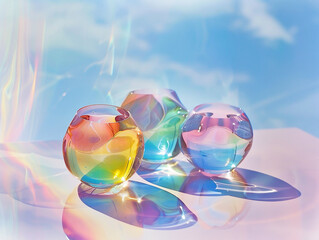 Transparent rainbow liquid shapes, drops and circles, Iridescent holographic fluid glass substance over blue sky background with shadows and sunlight, diffraction effect, abstract futuristic elements
