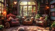 A cozy reading nook with plush armchairs and cuddly pets, where book lovers can escape into their favorite stories surrounded by furry friends.