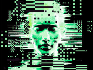 Aufkleber - Glitched and pixelated silhouette of a 3D human head on a dark background. Conceptual vector illustration about man in the age of technology. 