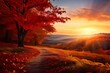 Banner background with autumn landscape with copy space , sun low over the horizon at sunrise in fall panorama view with red trees and falling leaves.