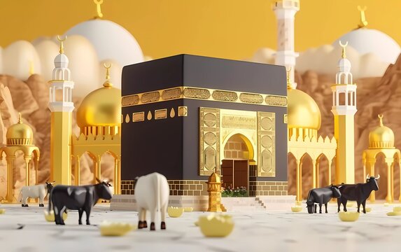 3d illustration Eid al-Adha celebration day Banner background with Kaaba and cow view