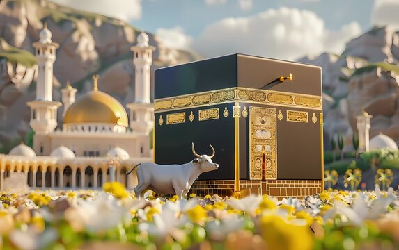 3d illustration Eid al-Adha celebration day Banner background with Kaaba and cow view