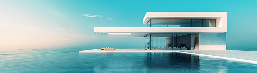 Poster - Minimalist white structures stand out against a stark blue sky with sharp angles and clean lines