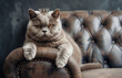 Cute British short hair cat with crown sitting on a scratched sofa, Diva cat, kucing