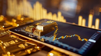 Poster - a digital tablet displaying gold price charts and market analysis tools, empowering investors with r