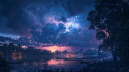 Poster - A dramatic lightning storm illuminating the night sky, flashes of light and rumbling thunder adding a touch of excitement to the seasonal rains.