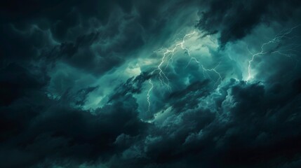 Poster - A dramatic thunderstorm brewing on the horizon, with dark clouds gathering and lightning flashing across the sky.