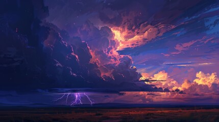 Poster - A dramatic thunderstorm brewing on the horizon, with dark clouds gathering and lightning flashing across the sky.