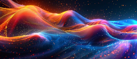 Poster - Vibrant neon colors and a digital wave pattern create a stunning 3D rendered abstract background