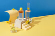 Mockup scene with empty bottle for cosmetics of calendula extract on blue and yellow background. Lab equipment containing essence. Space for design and add text