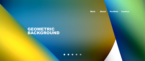Poster - A geometric background featuring a gradient of blue, yellow, and green colors. It resembles the horizon seen from an air travel, with circles and shapes resembling gadgets and logos