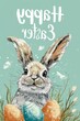 Easter poster with a Waster bunny and eggs, pastel colors, modern, with text : 