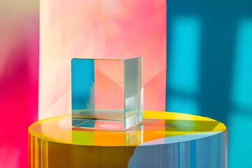 Poster - abstract modern product mockup with retrofuturistic style on colorful acrylic glass background. conc