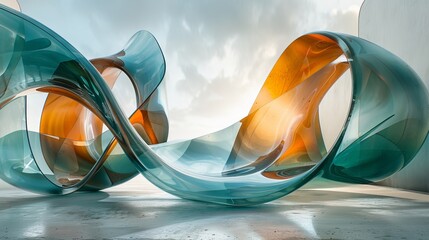 Poster - Ribbon-like teal and coral forms twist through empty space in an abstract design