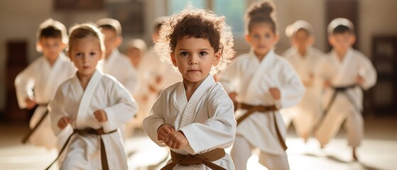 Group of young children in a karate class, focusing on discipline and physical fitness,