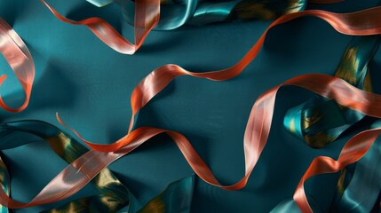 Poster - Ribbon-like forms twist through an empty teal and coral space in an abstract design