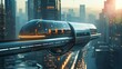 A futuristic monorail gliding above city streets, its sleek design and efficient operation representing the cutting edge of urban transportation technology.