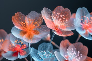Poster - Vibrant neon blossoms in an abstract digital rendering bloom against a dark background