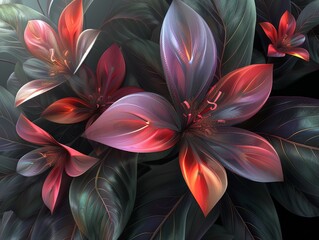 Poster - Abstract flowers, digital creation, exaggerated and stylized with a glossy finish, bright and bold colors