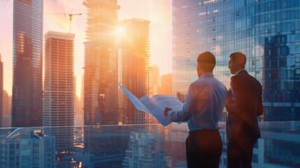 Wall Mural - A group of architects discussing plans for a new high-rise building against the backdrop of existing skyscrapers