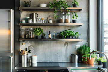 Modern urban kitchen interior with stainless steel appliances, open shelving, and herb garden on windowsill. Contemporary small kitchen design concept with industrial accents.