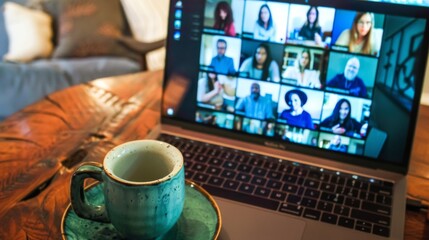 Aufkleber - A group video call on laptops, showcasing efficient wireless communication in remote work