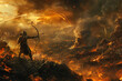 Show a lone archer positioned on a hill their arrow finding its target amidst the chaos of the battlefield
