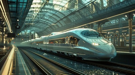 Aufkleber - A high-speed bullet train departing from a sleek modern station, symbolizing the efficiency and speed of rail travel in the contemporary world.