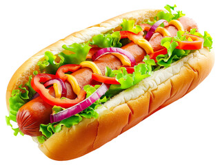 Wall Mural - Delicious hot dog loaded with vegetables, mustard, and ketchup on a