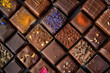 Showcase of exotic and artisanal confections, including chocolate with unique infusions like lavender, chili, and sea salt, artistic layout